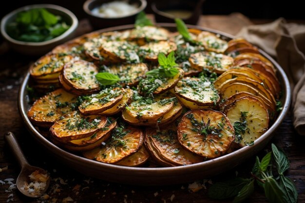 Domowe pieczone ziemniaki parmezanowe z czosnkiem w naczyniu do pieczenia