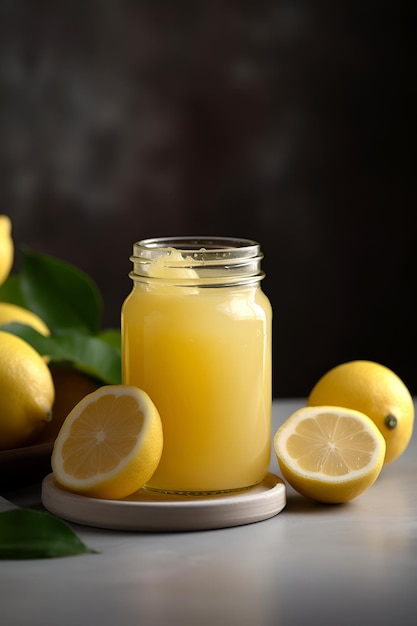 Domowe przetwory cytrynowe lub dżem w szklanym słoju otoczonym świeżymi cytrynami