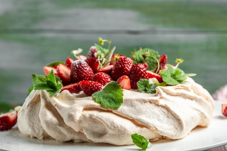 Zdjęcie domowe pyszne ciasto bezowe pavlova z bitą śmietaną, świeżymi truskawkami i miętą na drewnianym tle, widok z bliska
