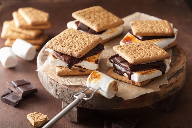 Domowe s'mores ptasie mleczko z czekoladą na krakersach