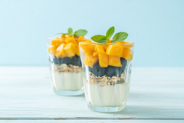 domowe świeże mango i świeże jagody z jogurtem i granolą - zdrowy styl jedzenia