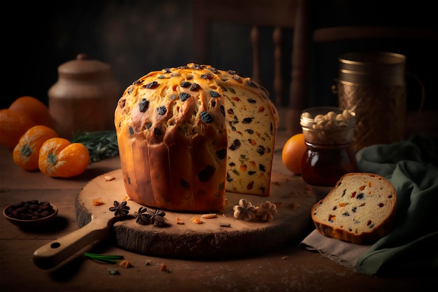 Domowe włoskie panettone na rustykalnym drewnianym stole Tradycyjne ciasto bożonarodzeniowe z kandyzowanymi owocami Wygenerowane przez AI