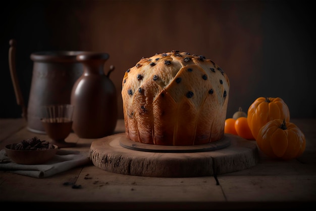 Domowe włoskie panettone na rustykalnym drewnianym stole Tradycyjne ciasto bożonarodzeniowe z kandyzowanymi owocami Wygenerowane przez AI