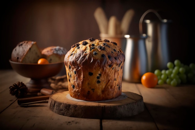 Domowe Włoskie Panettone Na Rustykalnym Drewnianym Stole Tradycyjne Ciasto Bożonarodzeniowe Z Kandyzowanymi Owocami Wygenerowane Przez Ai