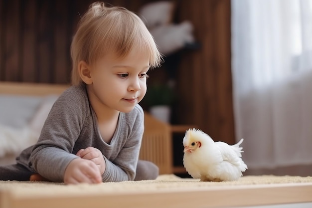 Domowe zwierzę kurczaka z dzieckiem we wnętrzu domu AI wygenerowane pióro kolorowy przyjaciel