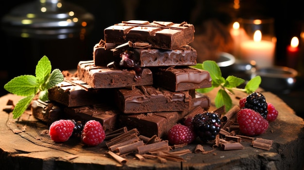 Domowy deser z ciemnej czekolady na rustykalnym drewnianym stole