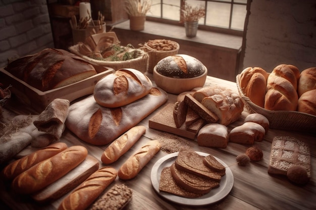 Domowy ekologiczny i zdrowy pełnoziarnisty chleb wieloziarnisty na drewnianym stole generowany przez AI