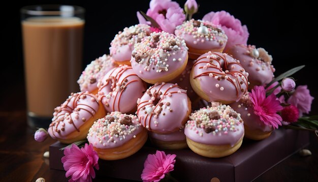 Zdjęcie domowy gourmetowy deser czekoladowy pączek z różowym lodem i kwiatem wygenerowany przez sztuczną inteligencję