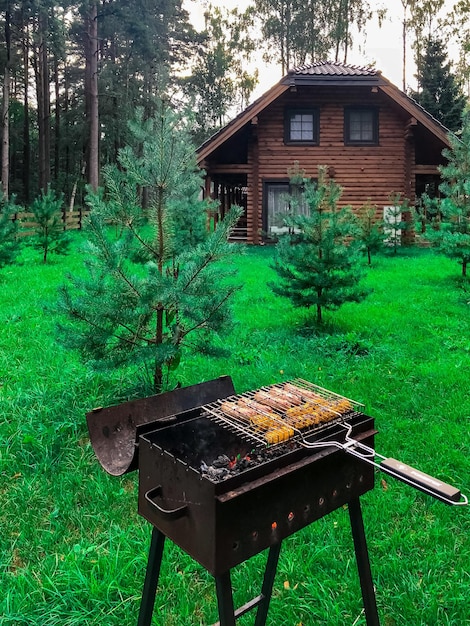 Domowy grill ze stekiem i mięsem na podwórku w pobliżu drzew i domu