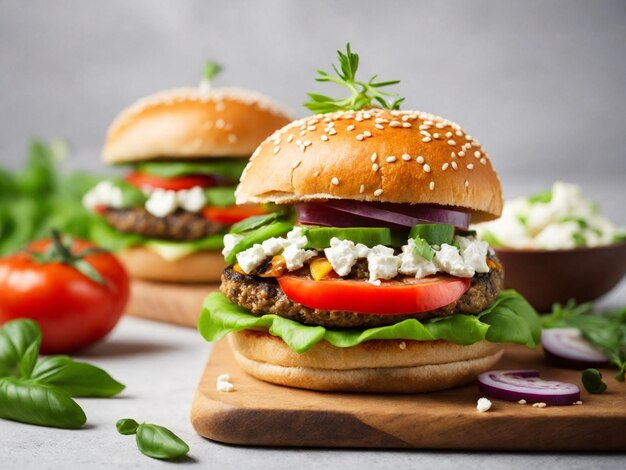 Domowy hamburger z świeżymi warzywami i serem feta na szarym tle Generatywna sztuczna inteligencja