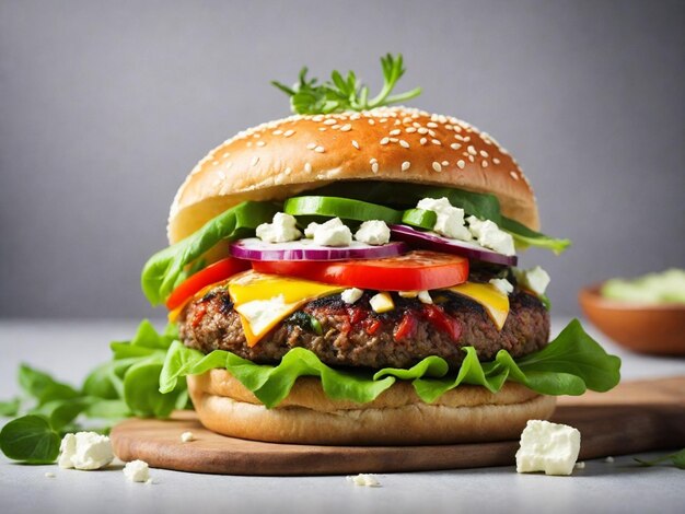 Domowy hamburger z świeżymi warzywami i serem feta na szarym tle Generatywna sztuczna inteligencja