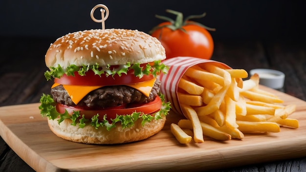Domowy hamburger z wołowiną, pomidorem, sałatką, serem i frytkami na desce do cięcia.