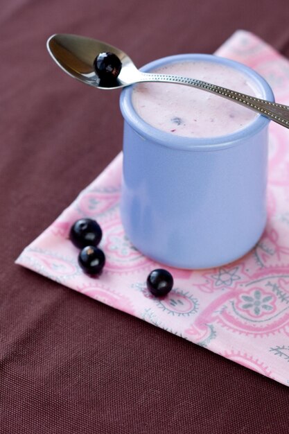 Domowy jogurt z jagodami w ceramicznej misce