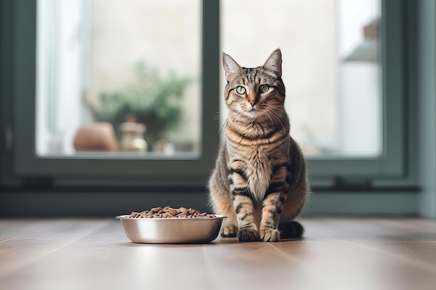 Domowy kot w paski obok miski z pokarmem Zrównoważone odżywianie dla kotów
