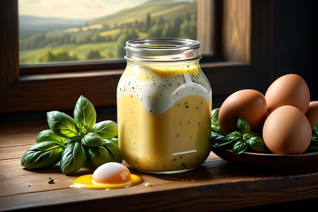 Domowy majonez w szklanym słoiku z jajkami i przyprawami na drewnianym tle