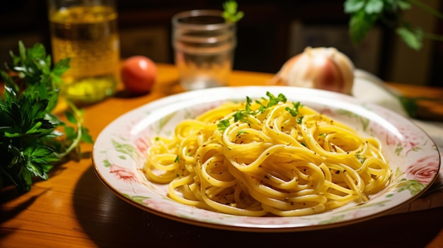 Domowy obiad z makaronem aglio e olio z widelcem