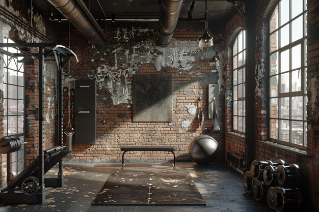Zdjęcie domowy siłownia w stylu przemysłowym z widocznymi murami z cegły