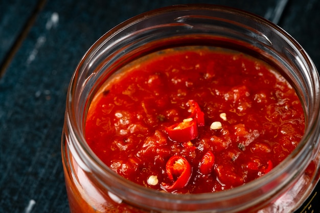 Domowy sos z czerwonej papryczki chili w szklanej misce
