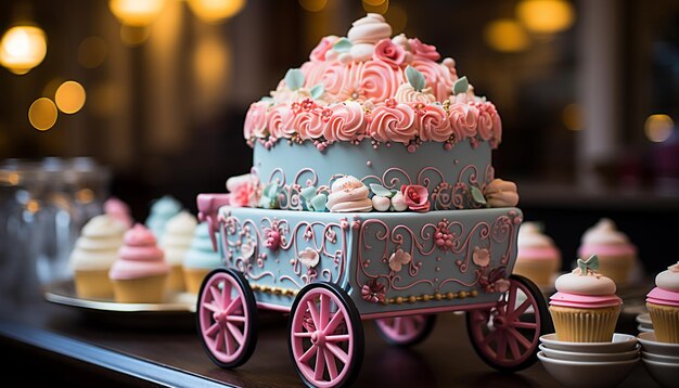 Zdjęcie domowy tort urodzinowy z kolorową polewą i dekoracją czekoladową generowaną przez sztuczną inteligencję