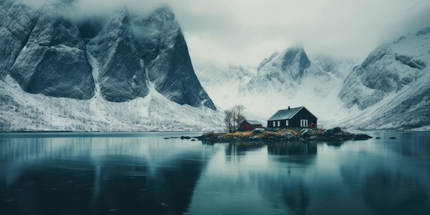 domy nad jeziorem w stylu skandynawskim MinimalizmObraz na plakat lub pocztówkę Generacyjna AI