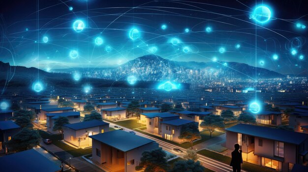 Domy połączone Społeczność cyfrowa i inteligentne domy Domy w nocy z transakcjami danych