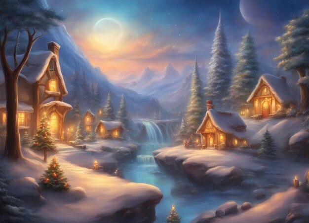Domy w śnieżnym lesie, scena świąteczna na temat Nowego Roku