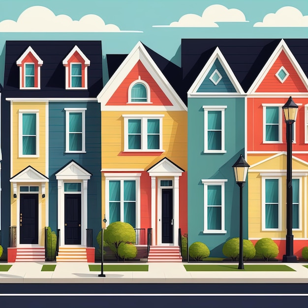 domy z kreskówek na ulicy z czerwoną, żółtą i zieloną koncepcją nieruchomości płaski wektor ilustr