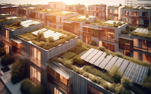 Domy z panelami słonecznymi na dachu koncepcji zrównoważonego rozwoju