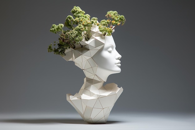 Zdjęcie doniczka w kształcie kobiecej głowy z wyrastającymi zielonymi roślinami stylowy wystrój domu koncepcja zdrowia psychicznego i rozwoju osobistego