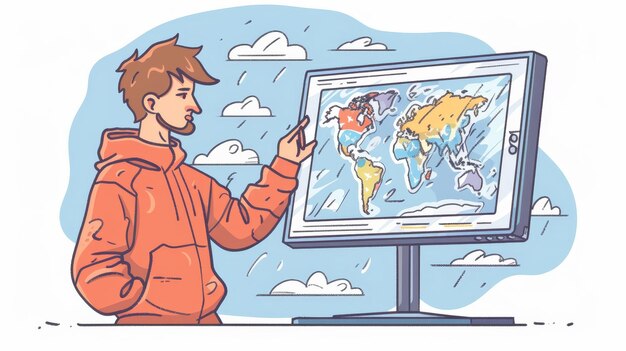 Doodle prognoza pogody Doodle koncepcja męskiej postaci stojącej przed ekranem z mapą meteorologiczną nowoczesna ilustracja artystyczna prezenterki prezentującej monitor, który zapewnia