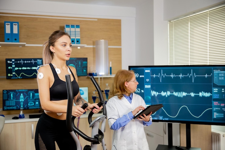 Zdjęcie dopasuj kobietę testującą stepper z elektrodami, a lekarz obserwujący ewolucję testu na ekranie. nowoczesne laboratorium sportowe
