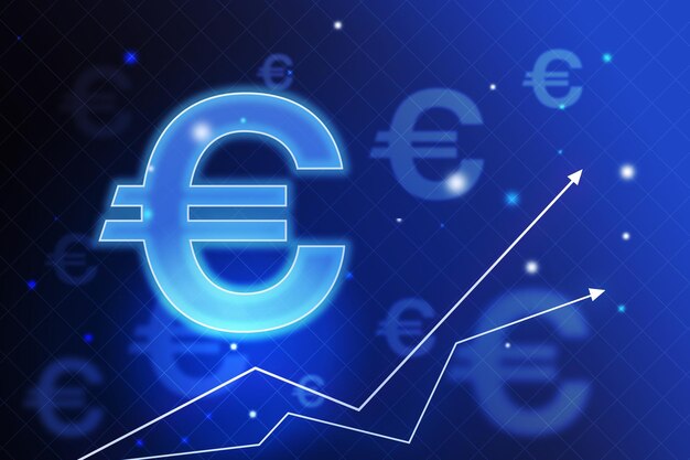 Dorastanie koncepcja waluty z symbolem euro i strzałkami w górę na abstrakcyjnym tle technologii