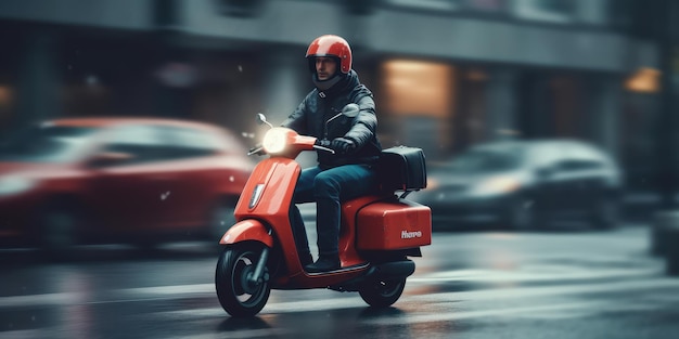 Doręczyciel Jeździ Motocyklem Skuterem Z Rozmyciem Tła Pejzażu Miejskiego Generative Ai