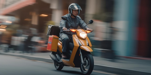 Doręczyciel jeździ motocyklem skuterem z rozmyciem tła pejzażu miejskiego Generative AI