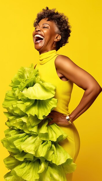 Dorosła afroamerykańska kobieta uśmiechająca się w studiu fotograficznym w żółtej sukience z liśćmi sałaty