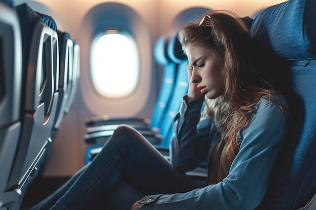 Zdjęcie dorosła młoda kobieta siedząca w samolocie myśląc o swoich problemach