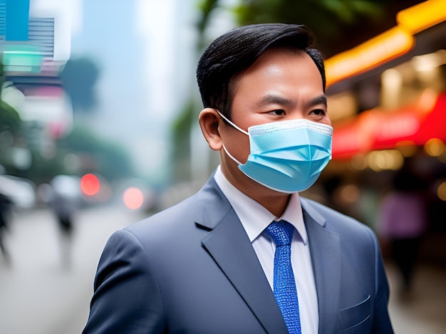 Zdjęcie dorosły azjatycki biznesmen noszący maskę