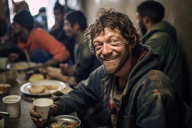 Zdjęcie dorosły biały mężczyzna z kręconymi krótkimi włosami uśmiechający się siedzący przy stole z jedzeniem i kubkiem koncepcja bezdomnych