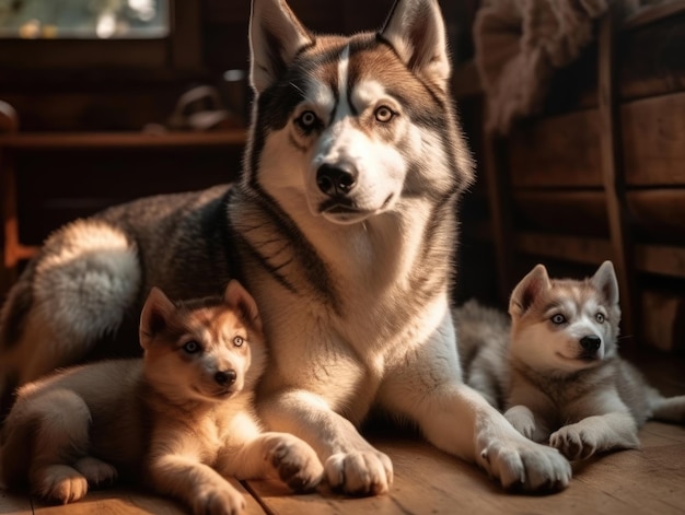 Dorosły Husky z generatywną sztuczną inteligencją dzieci