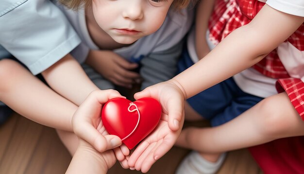 Zdjęcie dorosły i dziecko trzymające czerwone serce w rękach widok z góry relacje rodzinne relacje miłosne