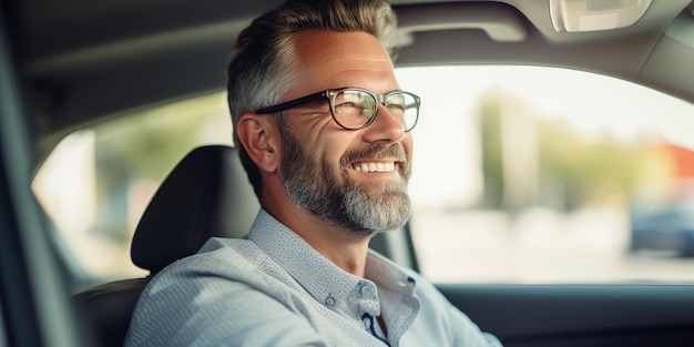 Dorosły mężczyzna uśmiecha się podczas jazdy samochodem i patrzy w lustro odwrotne