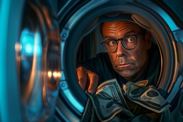 Zdjęcie dorosły mężczyzna w okularach myje pieniądze daje pieniądze z bębna pralki