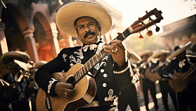 Dorosły mężczyzna w tradycyjnym meksykańskim stroju i dużym słomkowym kapeluszu gra na gitarze