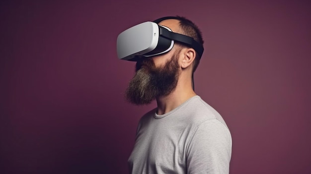 Dorosły mężczyzna z brodą badający wirtualną rzeczywistość w zwykłych ubraniachGeneratywna sztuczna inteligencja