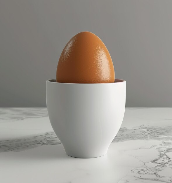 Doskonała równowaga jedno brązowe jajko umieszczone w nowoczesnym białym kubku do jaj oświetlonym miękkim naturalnym światłem
