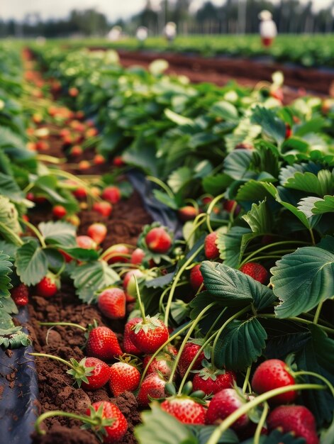 Zdjęcie doskonale dojrzałe truskawki rozrzucone są po szczelinach zielonej trawki, tworząc obfity pokaz natury słodkich, rubinowych ofiar.