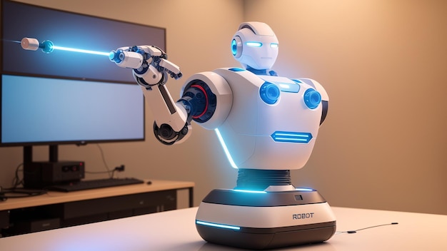 Doskonale wyglądający robot z niebieskim światłem na ramieniu AI Generative