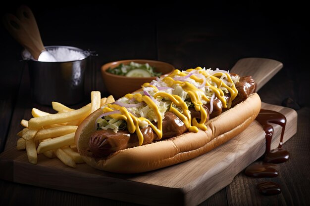 Doskonały hot dog z ziemniakami i sodą generatywną IA