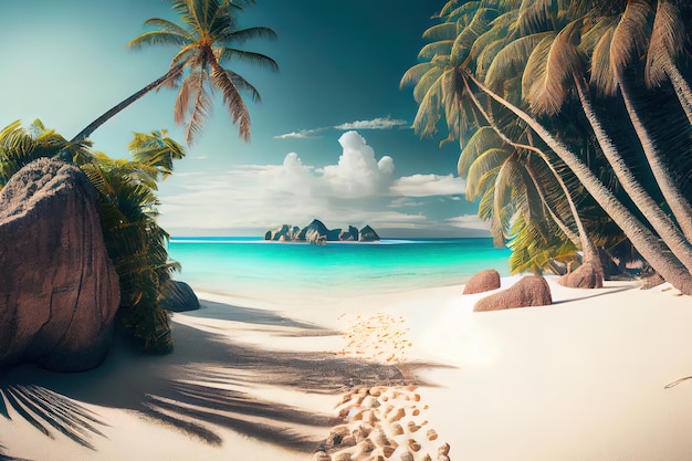 Doskonały sztandar pięknej tropikalnej plaży Biały piasek i palmy kokosowe podróże turystyka szeroka koncepcja tła panoramy Niesamowity krajobraz plaży Renderowanie 3D Generative Ai