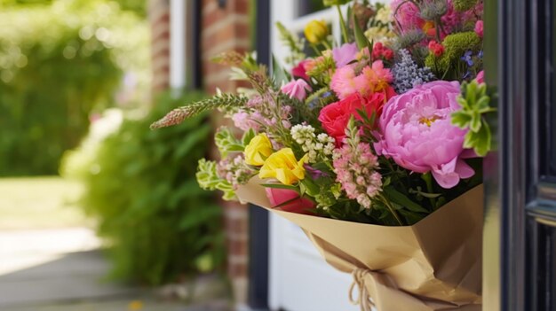 Zdjęcie dostawa do kwiaciarni i usługi pocztowe z prezentami świątecznymi piękny bukiet kwiatów na progu domu na wsi generatywne ai